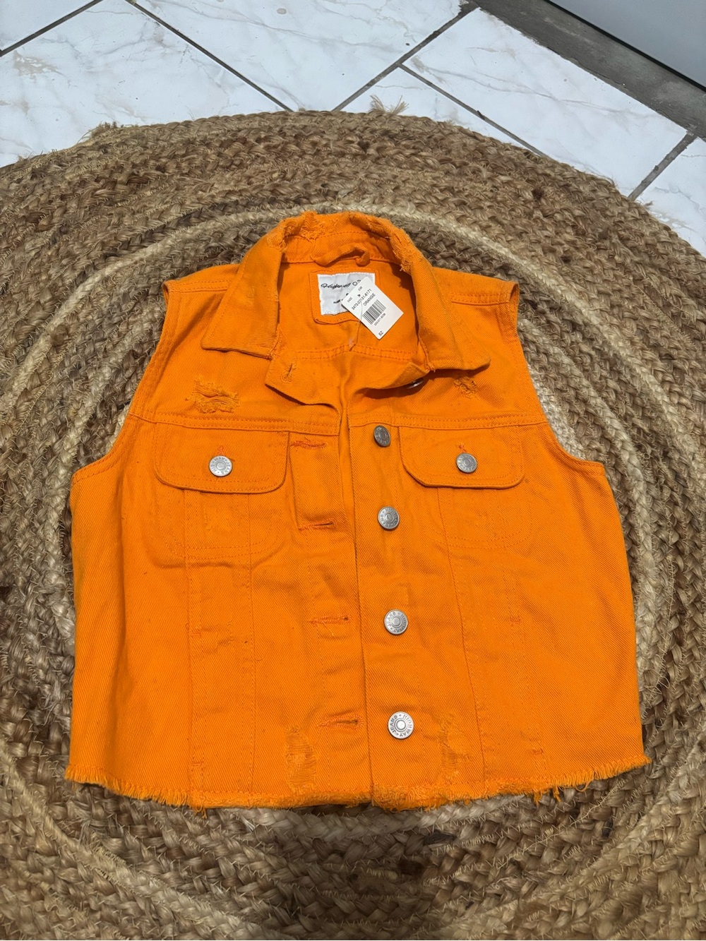 Highway Jeans Orange Distressed Sleeveless Denim Vest